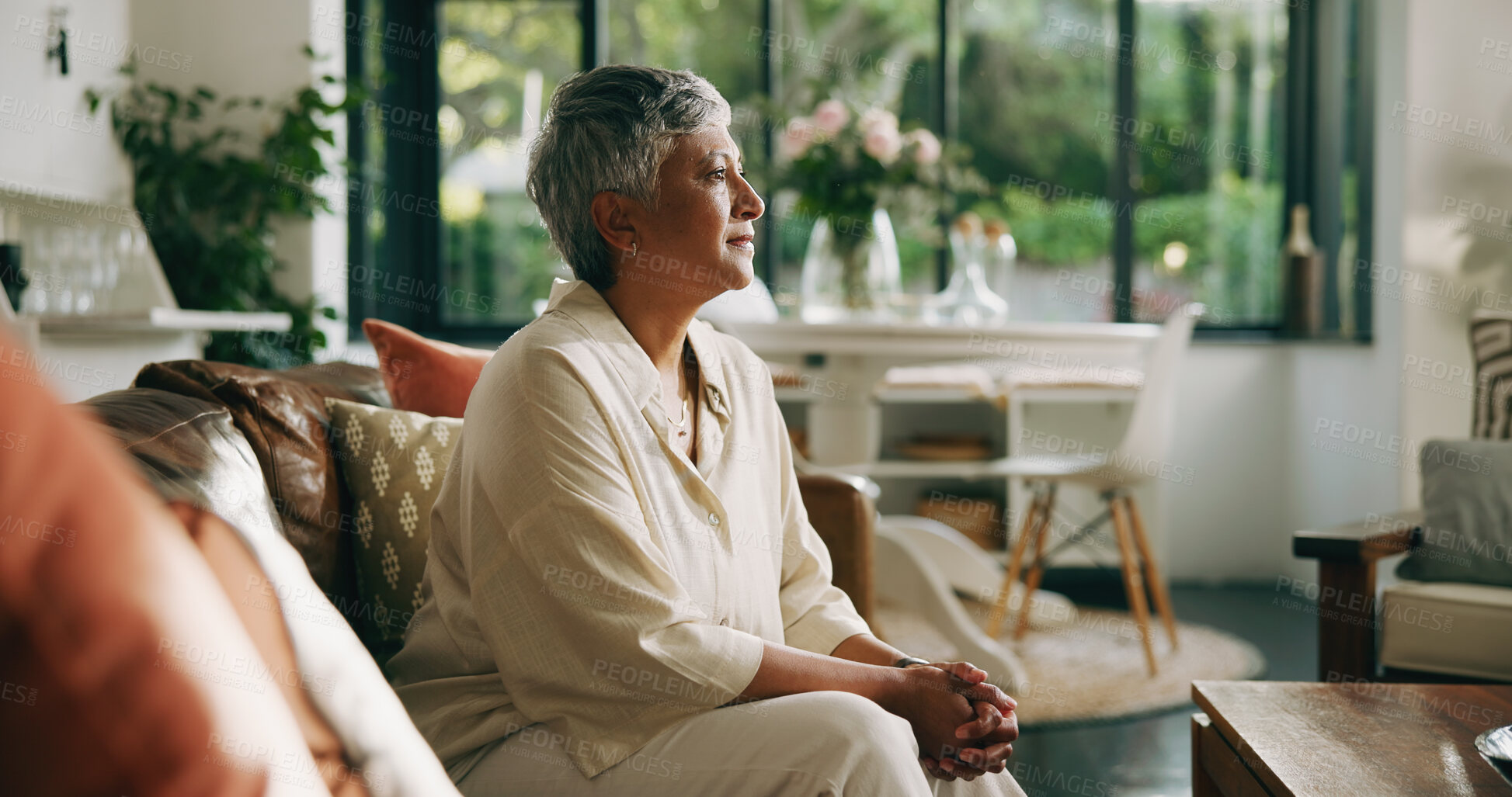 Buy stock photo Relax, thinking and senior woman on sofa in home with memory, nostalgia or reflection on weekend. Calm, peace and elderly female person with decision, choice or planning in living room at house.