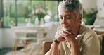 Mature woman, prayer and faith on sofa in home for gratitude, worship and hope in living room. Person, eyes closed and religion on couch with spirituality, God or Christianity in lounge at apartment