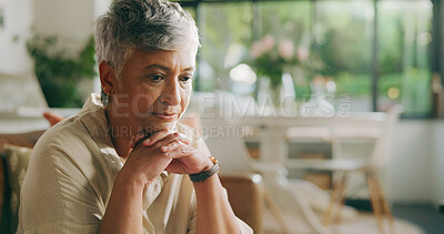 Buy stock photo Home, thinking and senior woman with reflection, sad and depression with mental health. Pensioner, remember and elderly person with nostalgia, waiting and mourning with dementia, lonely or memory