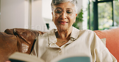 Buy stock photo Relax, old woman and reading a book in home for cognition, literature story and retirement hobby. Reader, senior person and best seller novel on sofa for fantasy fiction, knowledge and weekend break