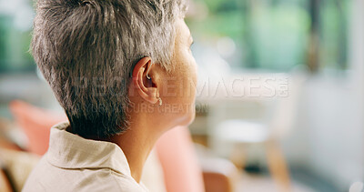Buy stock photo Home, thinking and senior woman with reflection, memory and depression with mental health. Pensioner, apartment and elderly person with nostalgia, waiting or mourning with dementia, space or remember