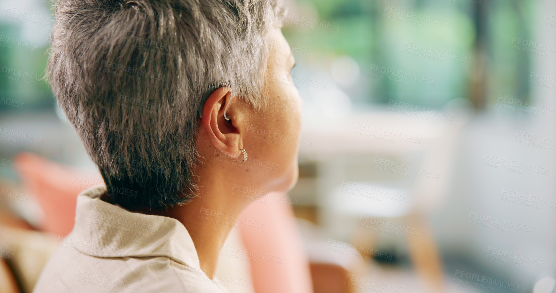 Buy stock photo Home, thinking and senior woman with reflection, memory and depression with mental health. Pensioner, apartment and elderly person with nostalgia, waiting or mourning with dementia, space or remember