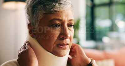 Buy stock photo Home, pain and woman with neck brace, injury and discomfort of fracture, thinking or hurt in lounge. Accident, recovery and C collar to support spinal cord, house and healthcare for elderly person