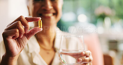 Buy stock photo Home, pill and woman hands with water, smile and health with wellness, supplement and recovery. Prescription, pensioner and elderly person with benefits, vitamins and minerals with medicine tablet