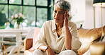 Headache, stress and mature woman on sofa in home with fatigue, tension or brain fog in living room. Burnout, migraine and senior person with discomfort for dizziness, exhaustion or vertigo in house