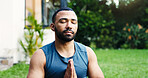 Man, yoga and meditation at house outdoor for zen, spiritual healing and mindfulness. Male person, namaste pose and pilates for inner peace, breathing exercise and balance for mental health on patio