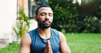 Buy stock photo Man, yoga and meditation at house outdoor for zen, spiritual healing and mindfulness. Male person, namaste pose and pilates for inner peace, breathing exercise and balance for mental health on lawn
