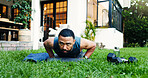 Fitness, push up and health with man outdoor for workout, balance and challenge. Abs exercise, training and bodybuilder with person in backyard of home for core strength, sports and muscle wellness