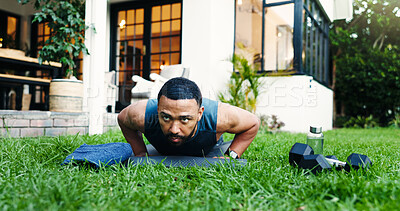 Buy stock photo Fitness, push up and health with man outdoor for workout, balance and challenge. Abs exercise, training and bodybuilder with person in backyard of home for core strength, sports and muscle wellness