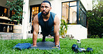 Fitness, plank and training with man outdoor for workout, balance and challenge. Abs exercise, health and bodybuilder with person in backyard of home for core strength, sports and muscle wellness