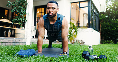 Buy stock photo Health, push up and training with man outdoor for workout, balance and challenge. Abs exercise, fitness and bodybuilder with person in backyard of home for core strength, sports and muscle wellness