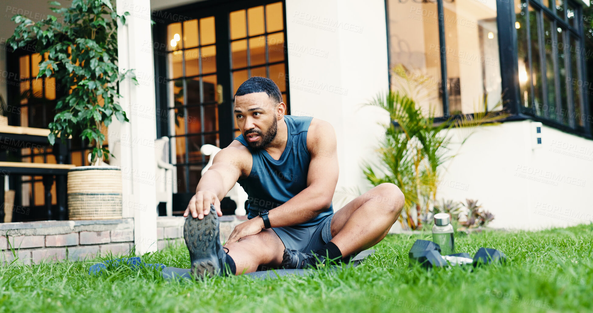 Buy stock photo Outdoor, stretching and man with fitness, health and warm up with wellness, home and exercise. House, person and athlete with training, nature and calm with routine, morning and body workout