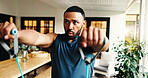 Fitness, man and resistance band for exercise in home, strength and breathing for power. Equipment, muscle growth and person stretching for training, workout or bodybuilding for challenge with energy