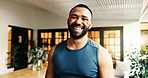 Portrait, man and smile for fitness at house for exercise, training and workout for wellness. Happy, male person and athlete with sports goals, healthy benefits and hobby for morning routine on patio