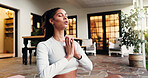 Spiritual, woman and meditation for peace, house and mindfulness in morning, zen and self awareness. Calm, person and routine for wellness, chakra and healing of soul, apartment or namaste for aura