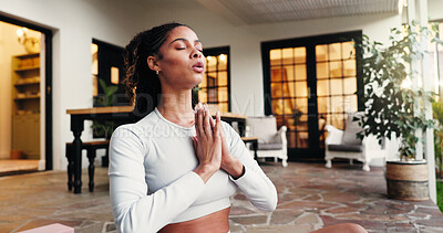 Buy stock photo Spiritual, woman and meditation for peace, house and mindfulness in morning, zen and self awareness. Calm, person and routine for wellness, chakra and healing of soul, apartment or namaste for aura