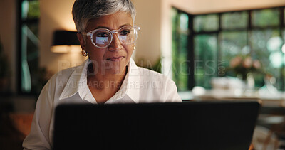 Buy stock photo Evening, entrepreneur and woman with laptop, home and application for funding on website or freelance. Working late, online and mature person with business plan for bank loan, remote work or deadline