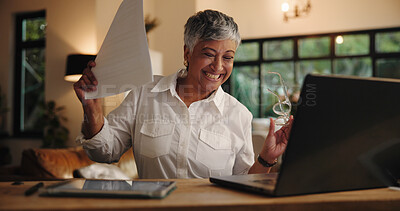 Buy stock photo Senior woman, laptop and celebration with paperwork in home for good news, debt free and savings. Retirement, old person and dancing with documents for investment growth, financial success or excited