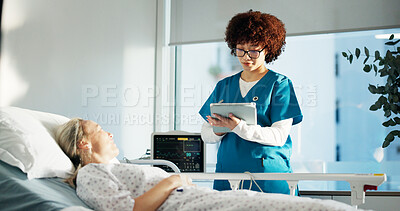 Buy stock photo Hospital bed, medical and woman with nurse for consultation with tablet for treatment plan. Digital technology, checkup and female patient with healthcare worker for diagnosis in clinical ward.