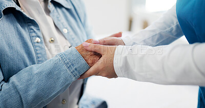 Buy stock photo Nurse, hands and care with patient for empathy, healthcare or assistance at hospital. Doctor, client and touch with support, understanding or comfort for loss, sympathy or breaking news at clinic