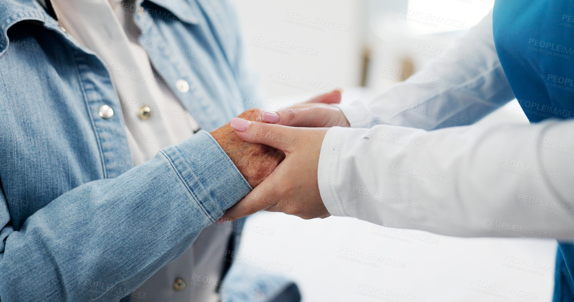 Buy stock photo Nurse, hands and care with patient for empathy, healthcare or assistance at hospital. Doctor, client and touch with support, understanding or comfort for loss, sympathy or breaking news at clinic
