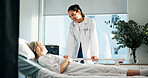 Hospital bed, checkup and woman with doctor for healthcare with treatment planning. Discussion, medical consultation and female patient with surgeon for good news on diagnosis in clinical ward.