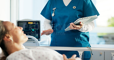 Buy stock photo Hands, nurse and tablet with woman in bed for checkup, medical report and surgery feedback. Person, consultation and digital with patient for recovery, treatment progress and information of operation