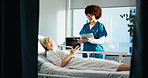 Hospital bed, healthcare and woman with nurse for consultation with tablet for treatment plan. Digital technology, checkup and female patient with medical worker for diagnosis in clinical ward.