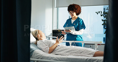 Buy stock photo Hospital bed, healthcare and woman with nurse for consultation with tablet for treatment plan. Digital technology, checkup and female patient with medical worker for diagnosis in clinical ward.