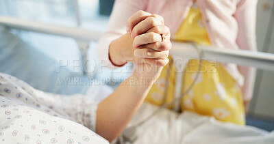 Buy stock photo Healthcare, closeup and mother with girl, holding hands and support with diagnosis, empathy and cancer. Parent, comfort and patient in hospital, daughter and wellness with sympathy or medical service