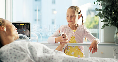 Buy stock photo Sick mother, child and holding hands in hospital bed for support, care or hope for medical recovery. Clinic, family and kid comfort mom for healthcare, empathy and sympathy after surgery for illness