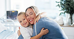 Portrait, hug and mother in hospital, kid and smile with cure, wellness and happiness. Face, parent and family with mama, daughter or embrace with healthcare, recovery or medical service with support