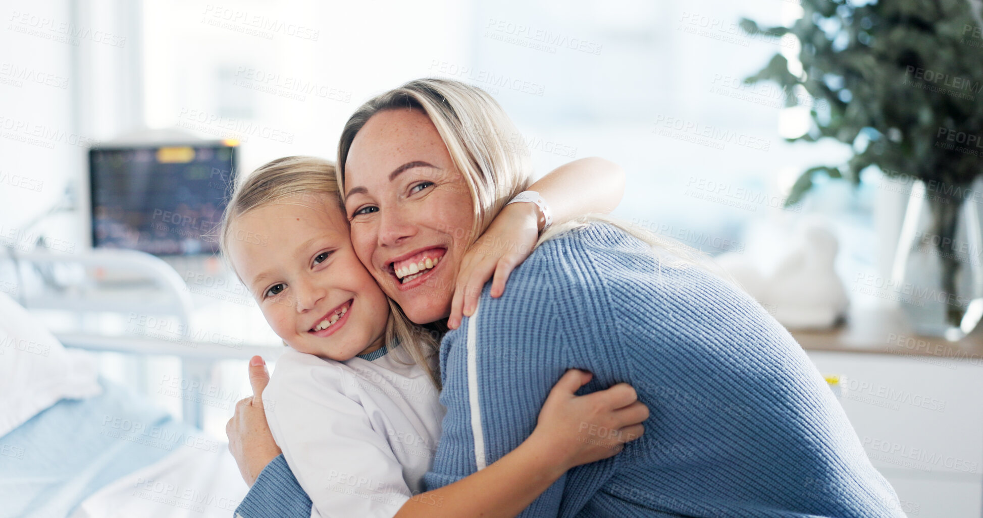 Buy stock photo Portrait, hug and kid in hospital, mother and smile with cure, wellness and happiness. Face, parent and family with mama, daughter or embrace with healthcare, recovery or medical service with support