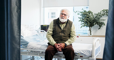 Buy stock photo Hospital, waiting and senior man on bed for medical service, diagnosis and checkup for treatment. Healthcare, retirement and elderly patient for appointment, consulting and procedure in clinic