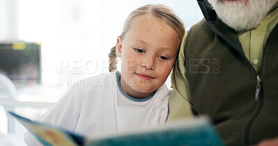 Buy stock photo Grandfather, sick kid and reading book in hospital for support, love and fantasy. Medical visit, girl and senior man storytelling in clinic for kindness, comfort or patient in rehabilitation care