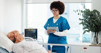 Buy stock photo Nurse, tablet and senior woman in bed for checkup, medical report and feedback for surgery. Person, digital and sick elderly patient with test results, treatment plan and operation update at hospital