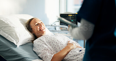 Buy stock photo Happy, woman and bed with nurse on tablet for good news, medical report and surgery feedback. Person, consultation and digital with patient for recovery, treatment progress and results from operation