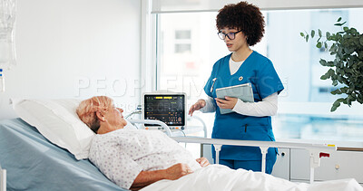 Buy stock photo Senior woman, nurse and tablet with healthcare assistance on hospital bed for medical treatment. Female people, elderly care and checking or monitoring patient with technology or help at clinic