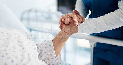 Buy stock photo Holding hands, nurse and senior patient on bed in hospital for healthcare service, support or trust. Chronic disease, caregiver or elderly person with sickness at clinic for help, empathy or comfort
