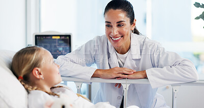 Buy stock photo Hospital bed, smile and doctor with girl for medical service, consulting and treatment. Healthcare, pediatrician and happy woman with child for surgery, results and patient diagnosis conversation