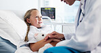 Holding hands, doctor and child on bed in hospital for healthcare medicine, support and trust. Paediatrician, kid or patient with teddy bear at paediatrics clinic for help, empathy or comfort in ward
