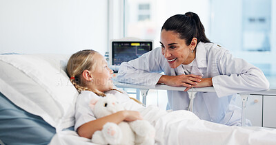 Buy stock photo Healthcare, doctor and child in bed for recovery, treatment update and teddy bear for comfort. Girl patient, pediatrician and happy in hospital for successful surgery, medical support and plushie