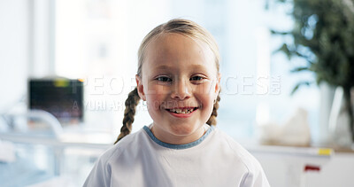 Buy stock photo Girl, child and smile in portrait at hospital for recovery, treatment or pediatric wellness on bed. Kid, face and patient with illness, happy and rehabilitation with healthcare at clinic in France