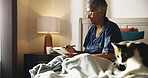 Reading, glasses and book with old woman in bed for knowledge, literature self help study. Mindfulness novel, learning and retirement with senior person in bedroom of home for information and rest