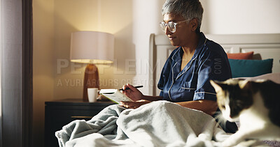 Buy stock photo Reading, glasses and book with old woman in bed for knowledge, literature and self help study. Mindfulness novel, learning and retirement for senior person in bedroom of home for information and rest