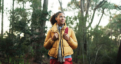 Buy stock photo Thinking, hiking and black woman in forest, nature and explore with contemplation, hobby and weekend break. Outdoor, person and hiker in woods, trekking and travel with environment and sightseeing