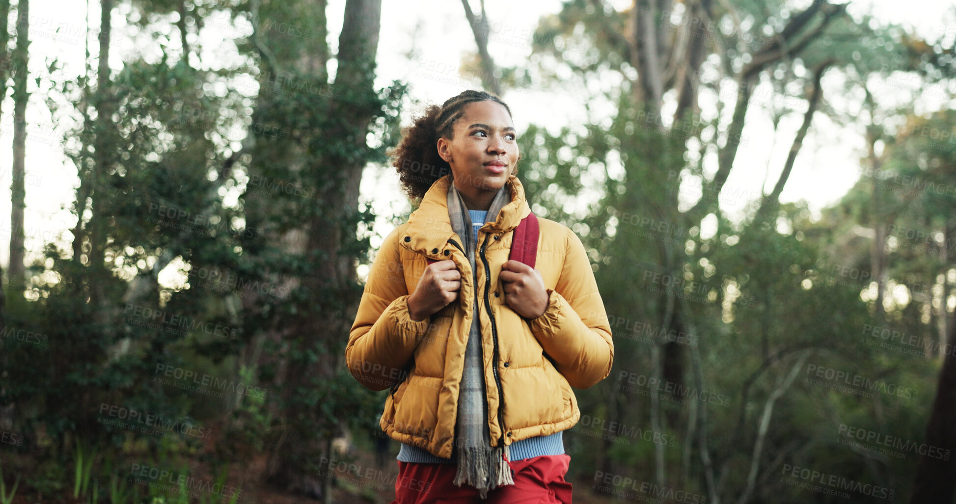 Buy stock photo Thinking, hiking and black woman in forest, nature and explore with contemplation, hobby and weekend break. Outdoor, person and hiker in woods, trekking and travel with environment and sightseeing