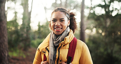 Buy stock photo Hiking, forest and portrait of african woman outdoor for backpacking, happiness or nature holiday. Explore, wellness or hiker person with smile for trekking adventure, travel and vacation by woods