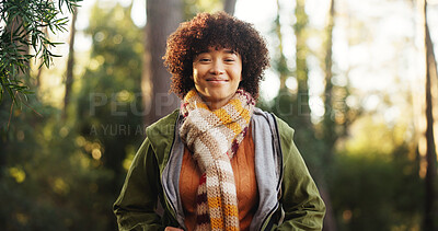 Buy stock photo Relax, hiking and portrait of woman in nature for trekking, adventure and explore wilderness. Eco tourism, backpacking travel and journey with person in forest for vacation, peace and wellness trip