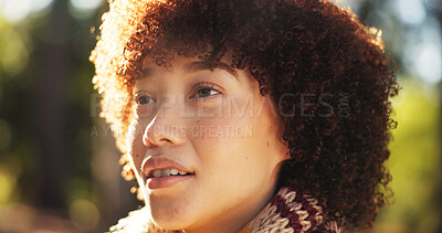 Buy stock photo Serious, woman and thinking for hiking in forest, ideas and decision for travel destination. Female person, contemplation and planning for backpacking, trekking route and reflection of fitness hobby